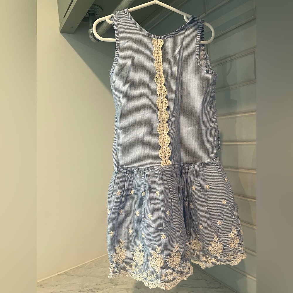 Blue and White Striped Lace-Trim Sundress